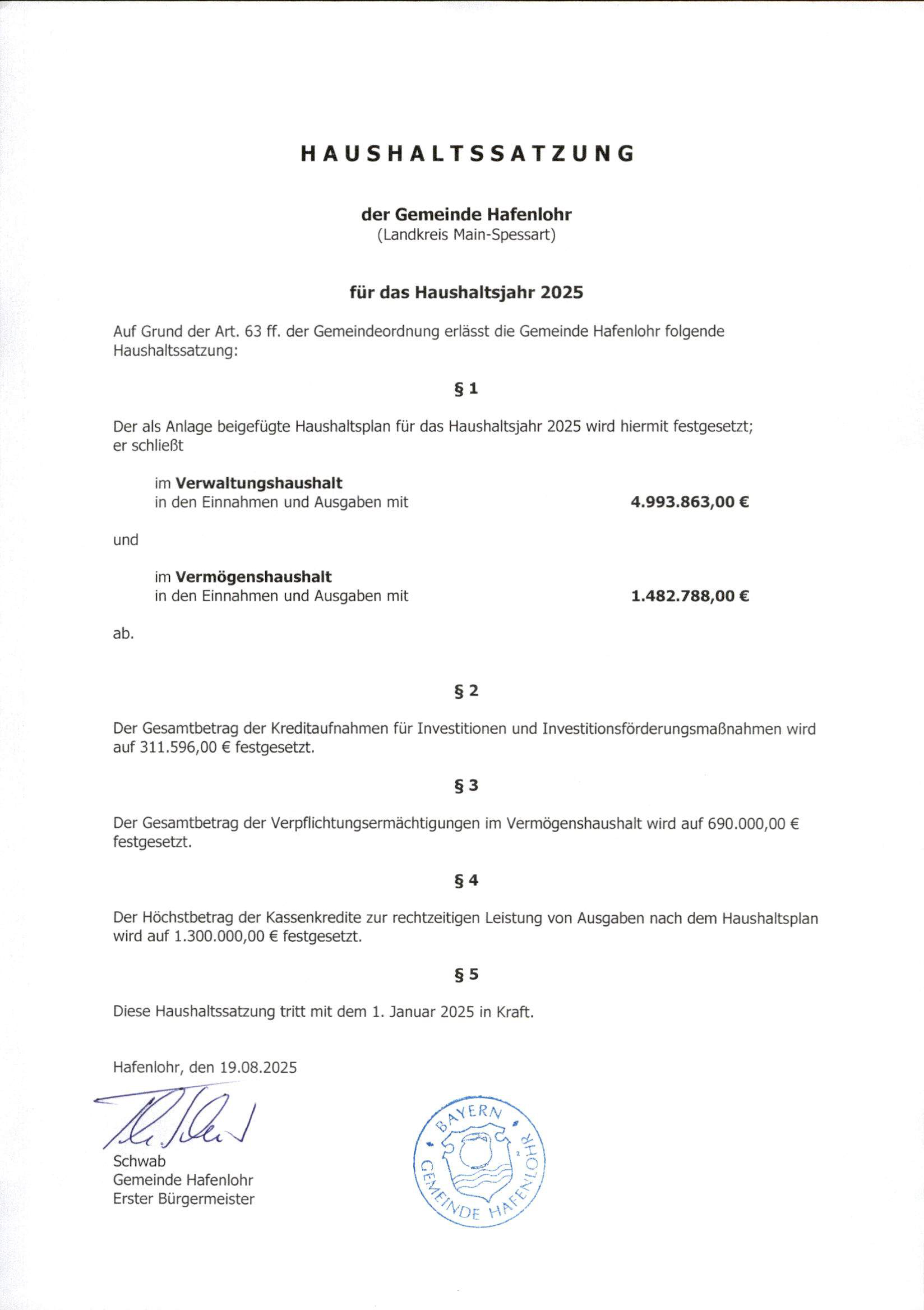 Haushaltssatzung für 2025